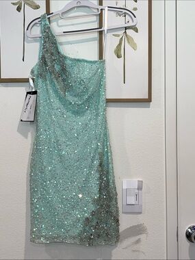 One-Shoulder Sequin Mini Dress in Mint
